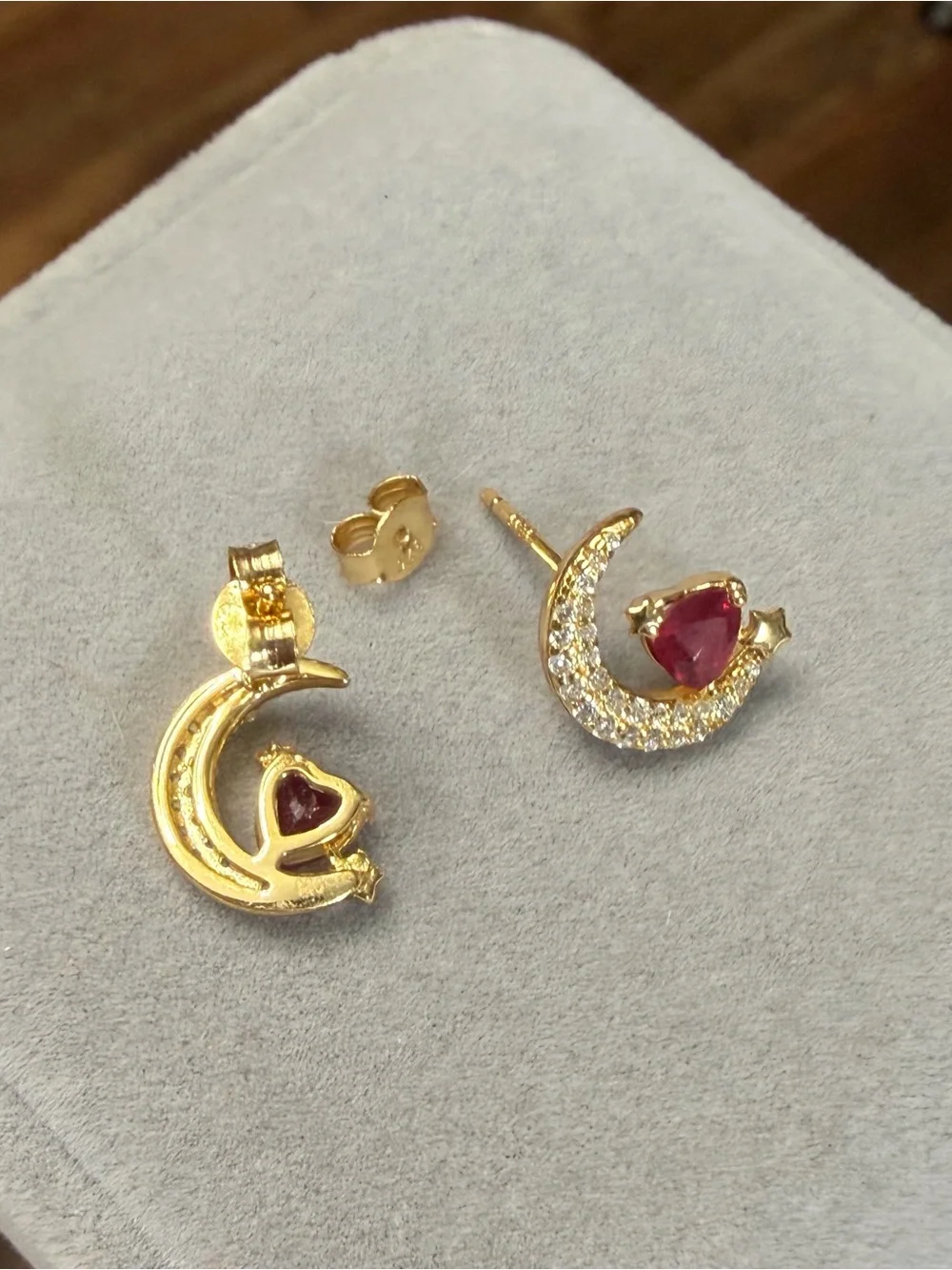Mystical Waning Crescent Moon Natural .50CT Ruby Stud Earring 18K Yellow Gold